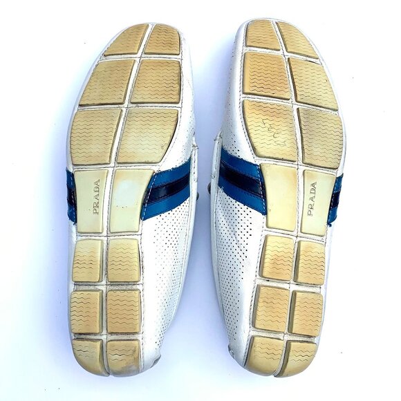 Men’s White Prada Leather Perforated Driving Shoes with Stripes Italy US 10.5 - Picture 9 of 10